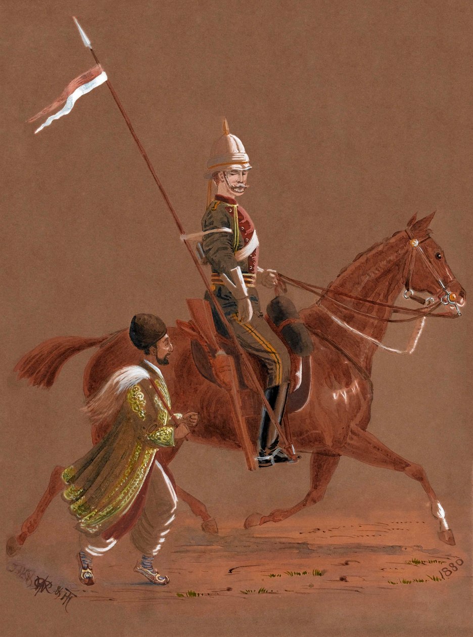 Soldado del 9º Lanceros montando, con un soldado afgano corriendo al lado de su caballo de Major General R.G. Woodthorpe