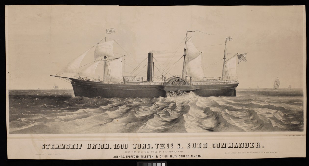 Steamship Union. 1500 Toneladas, Thos S. Budd, Comandante. Construido para Spofford Tileston  Co 1851 de Major and Knapp Sarony