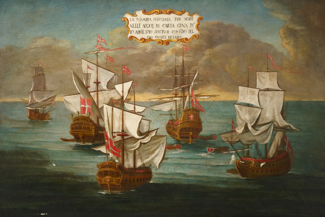 Un escuadrón de la Orden, bajo el mando de Frere Giuseppe de Langu, preparándose para luchar, frente a Cartago de Maltese School