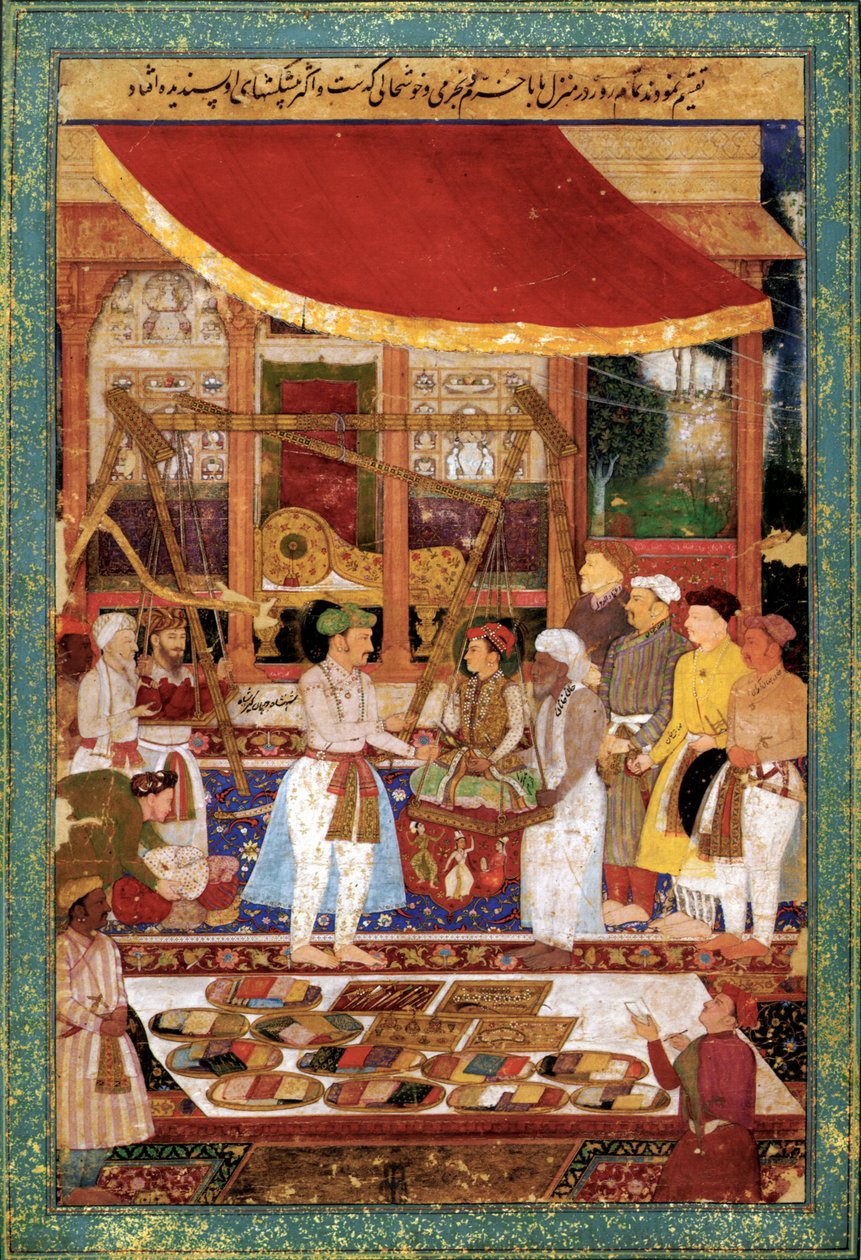 El emperador Jahangir pesa al príncipe Khurram en oro, c. 1610-1615 (miniatura) de Manohar Manohar