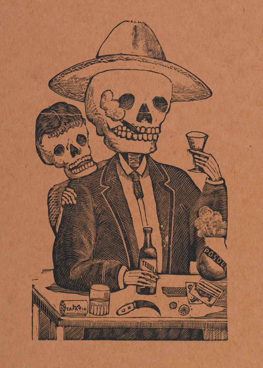 Figura esquelética en un bar, de 330 Grabados Originales, impreso por Antonio Vanegas Arroyo (1850-1917), Ciudad de México, México de Manuel Manilla