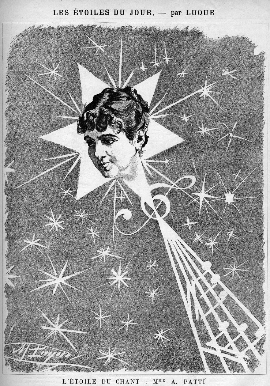 Adelina Patti (1843-1919), cantante italiana. “La estrella del canto”, caricatura del dibujante Manuel Luque. En “La Caricatura” de 1886 de Manuel Luque