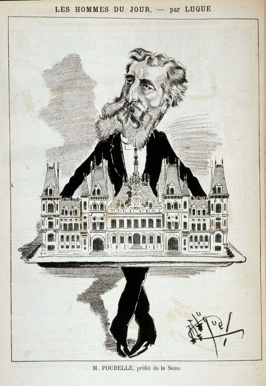 Caricatura de M. Poubelle, prefecto del Sena, llevando el Ayuntamiento de París en una bandeja - Dibujo de Luque, en “La Caricature” del 13/08/1887 de Manuel Luque