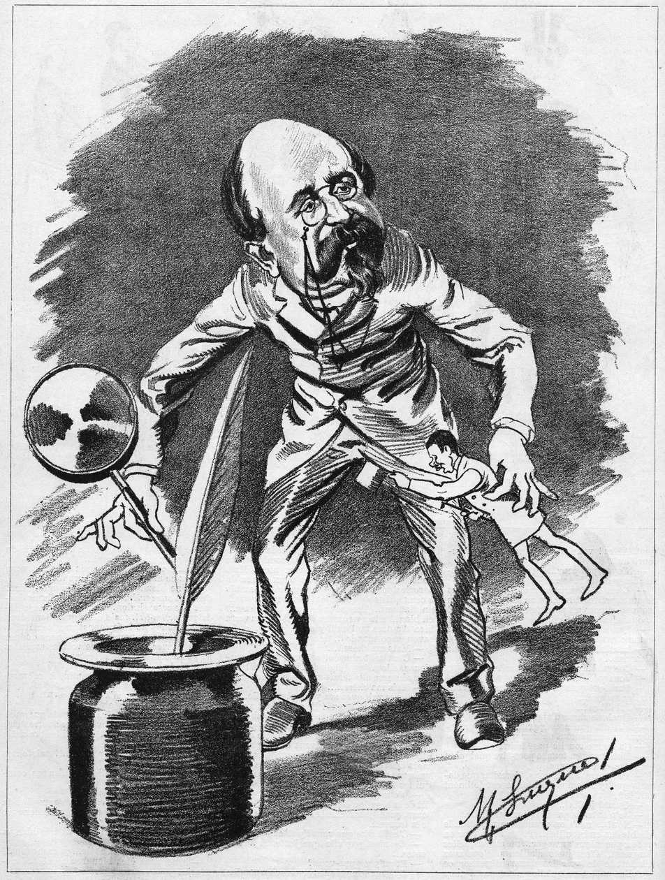 Edmond Gondinet (1828-1888) dramaturgo francés. Caricatura del dibujante Manuel Luque. En “El Caricatura” de 1886. de Manuel Luque