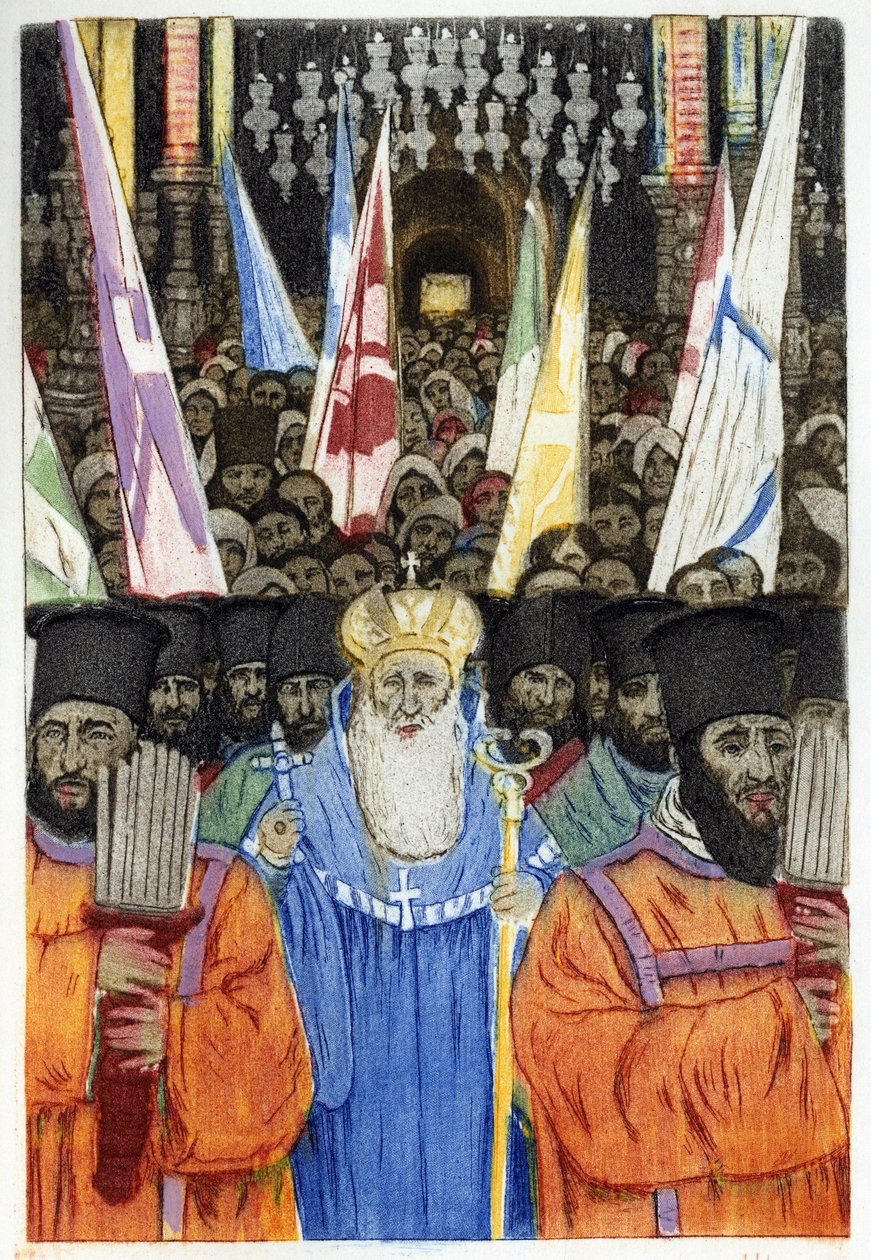 Ceremonia ortodoxa judía en Jerusalén. Grabado por Manuel Orazzi (1860-1934), en "L