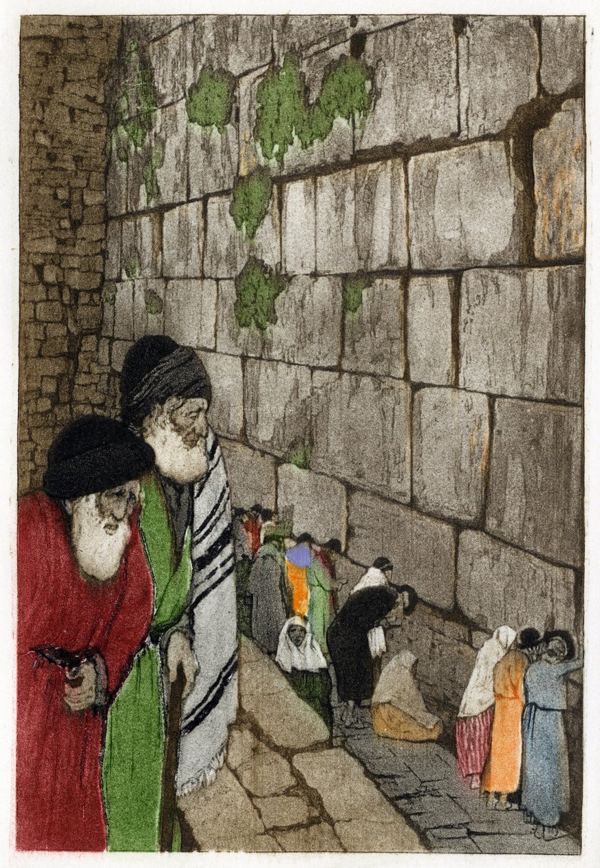 Judíos frente al Muro de los Lamentos, el único vestigio del Templo de Jerusalén construido por el Rey Salomón en -950. Grabado por Manuel Orazzi (1860-1934), en “L