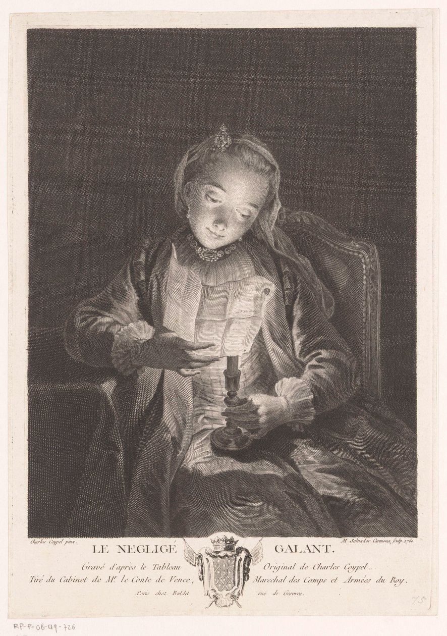 Chica leyendo una carta a la luz de las velas Le neglige gallant (título sobre objeto) de Manuel Salvador Carmona