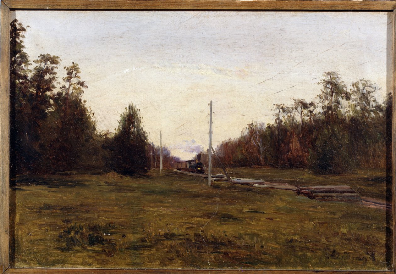 Paisaje con un tren. Pintura de Manuil Christoforovich Aladzhalov (1862-1934). Óleo sobre cartón, 29,5 x 43,5 cm. El arte ruso de principios del siglo XX. Museo de Arte Regional, Plyos. FineArtImage/Leemage de Manuil Christoforovich Aladzhalov