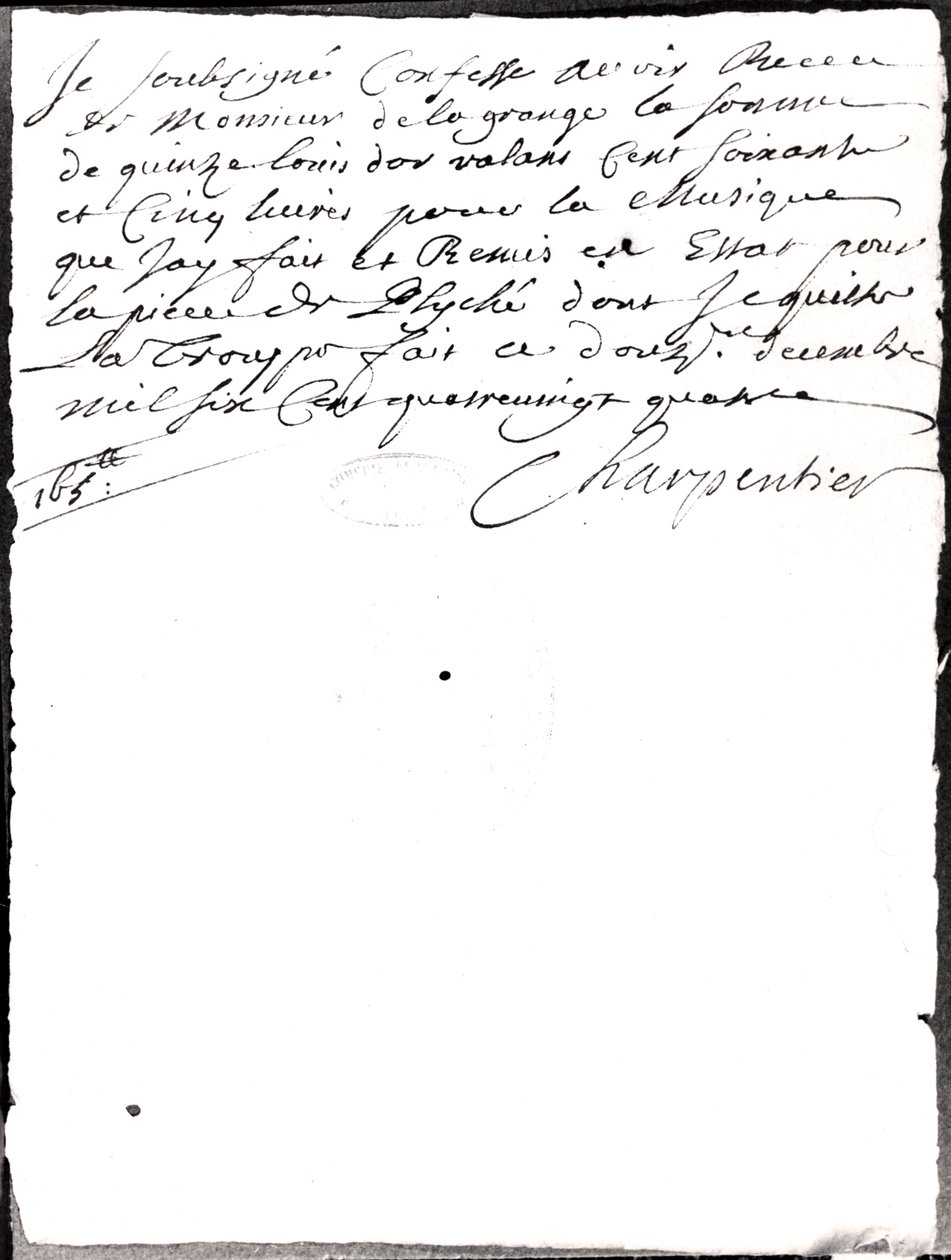 Carta sobre la música compuesta por Charpentier para Psique de Moliere (1622-73) 1684 de Marc Antoine Charpentier