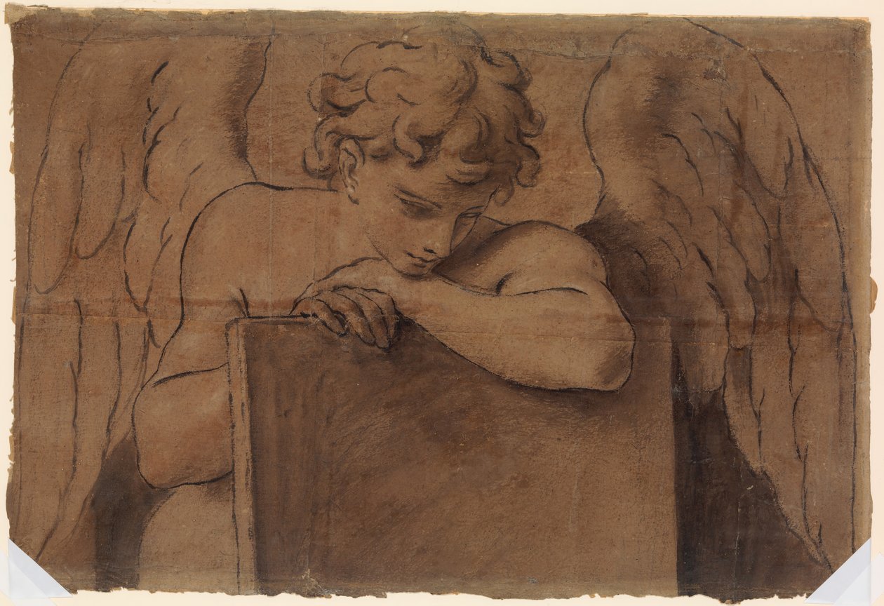 Fragmento de caricatura para ángel adolescente apoyado en una tableta o libro cerrado, ca. 1690-95 de Marc Antonio Franceschini