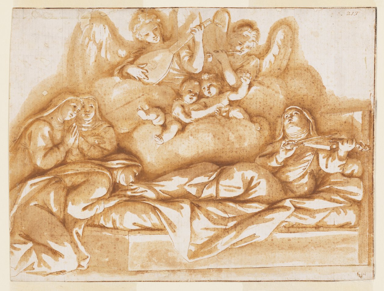 Diseño para una pintura mural monocromática, Iglesia de Corpus Domini, Bolonia, Italia, Muerte de Santa Caterina Vigri de Marc Antonio Franceschini
