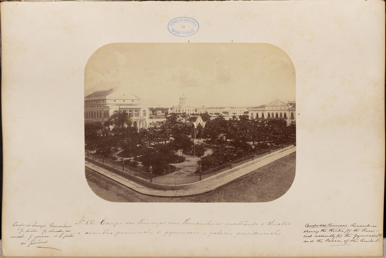 Campo das Princezas en Pernambuco mostrando el teatro, la asamblea provincial, el gimnasio y el palacio presidencial. de Marc Ferrez