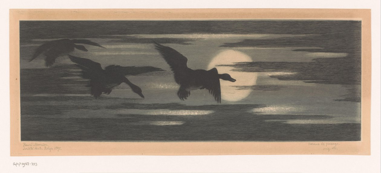 Tres patos migrando junto al sol poniente de Marc Henry Meunier (attributed to)