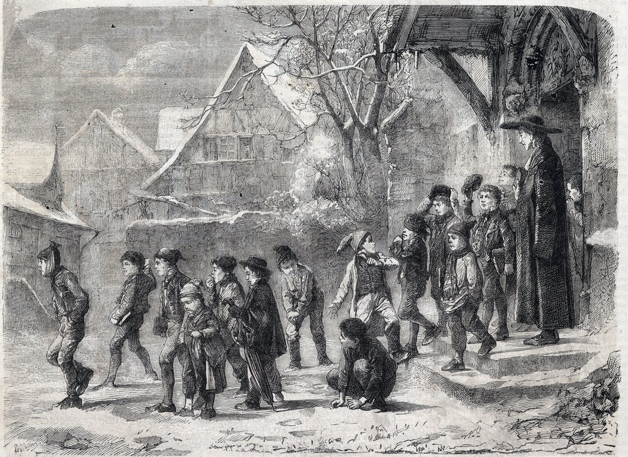 Salida de la escuela en invierno. Grabado después de una pintura de M. B. Vautier en 
