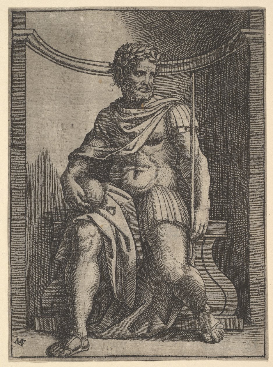 Un emperador romano sentado en un nicho sosteniendo un globo y un cetro y mirando hacia su... de Marcantonio Raimondi