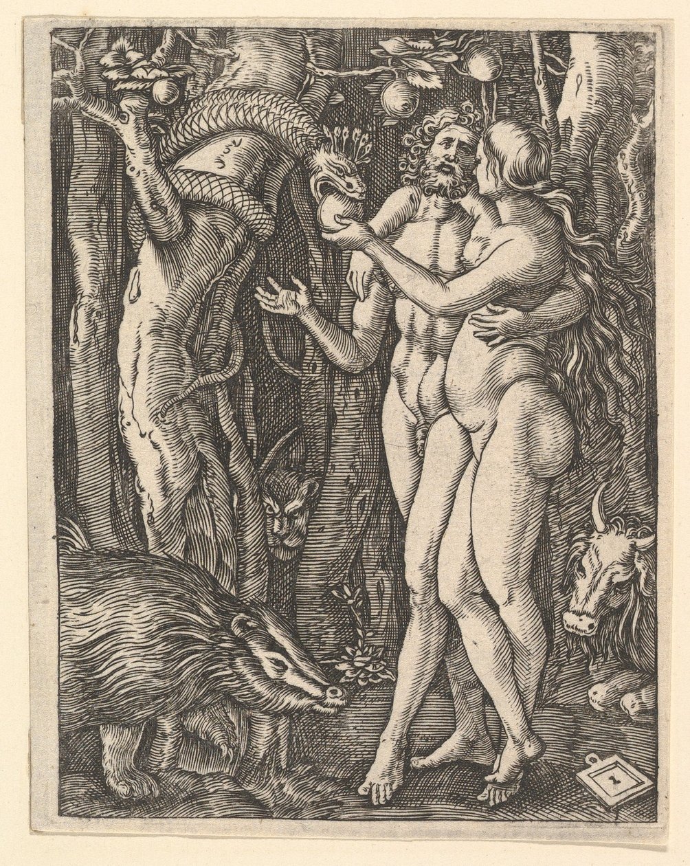 Adán y Eva con manzana y serpiente de Marcantonio Raimondi