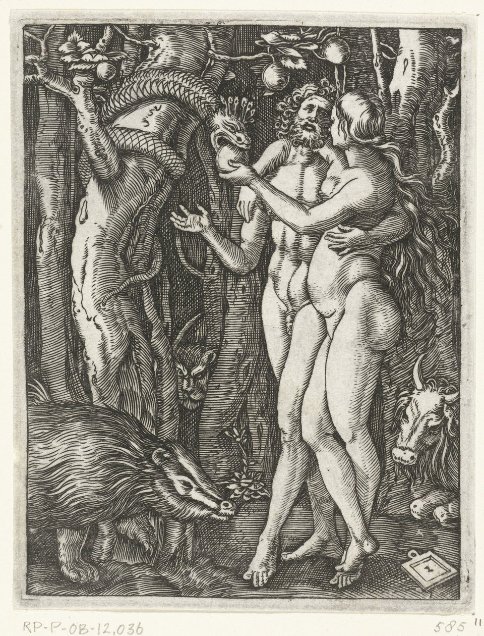 Adán y Eva en la Caída en el Paraíso Pasión de Cristo (título de la serie) de Marcantonio Raimondi