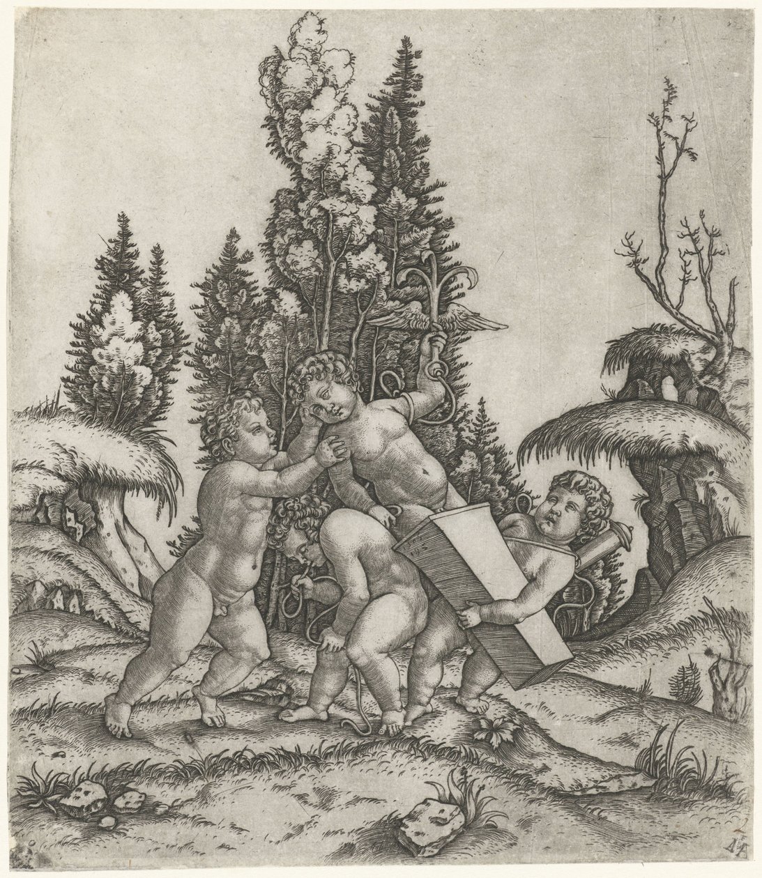 Amor y dos putti o niños llevan una estatua de un putti con un ancla alada sobre un pedestal de Marcantonio Raimondi