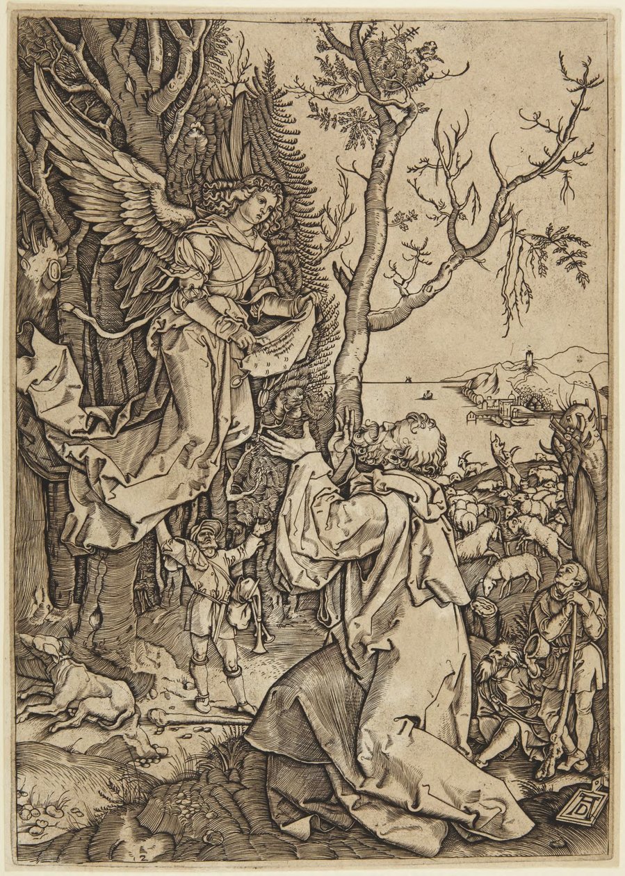 Aparición del ángel a Joaquín, lámina 2 de la Vida de la Virgen de Marcantonio Raimondi