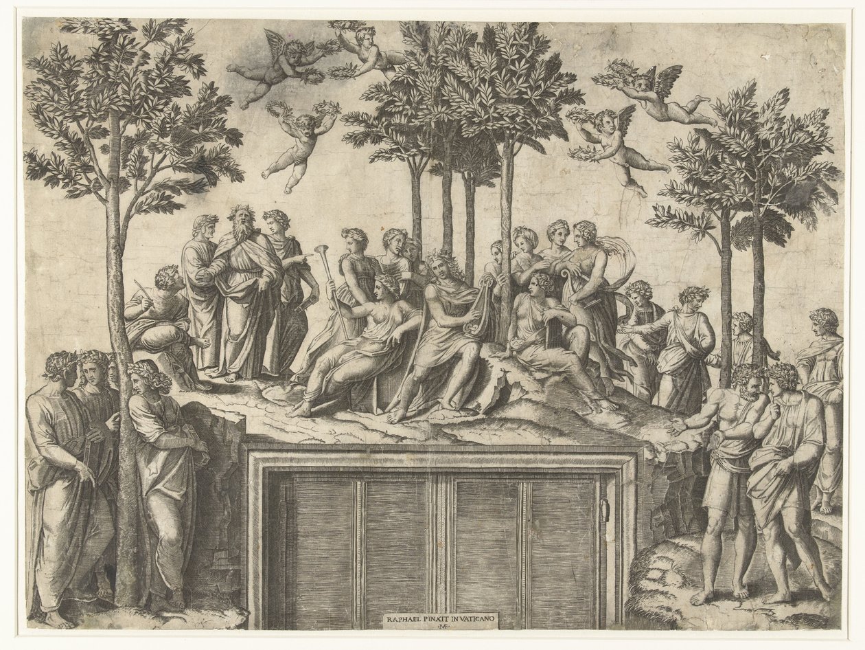 Apolo y las musas en el monte Parnaso de Marcantonio Raimondi