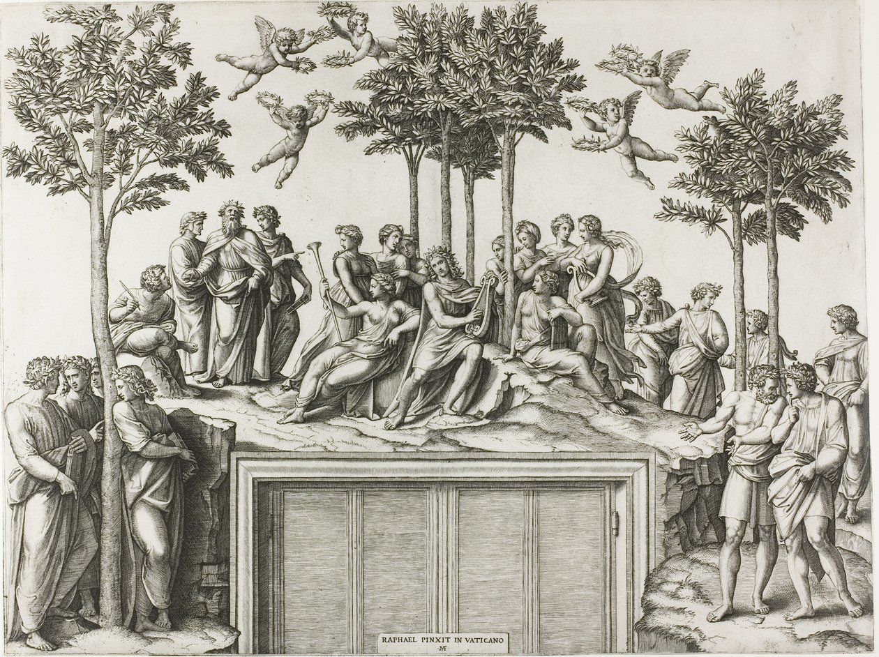 Apolo en el Parnaso, rodeado de las Musas y Poetas de Marcantonio Raimondi