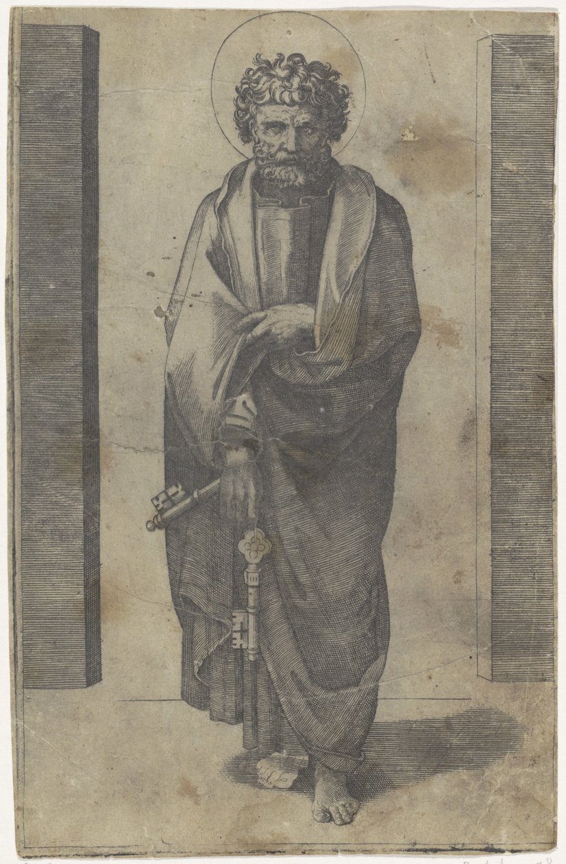 Apóstol Pedro con llaves Cristo y los Apóstoles (título de la serie) de Marcantonio Raimondi