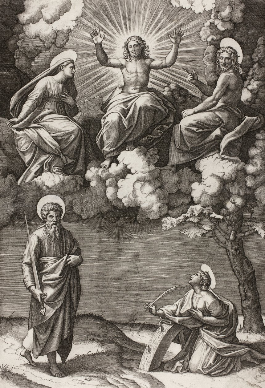 Cristo, la Virgen y San Juan Bautista con los Santos Pablo y Catalina de Marcantonio Raimondi