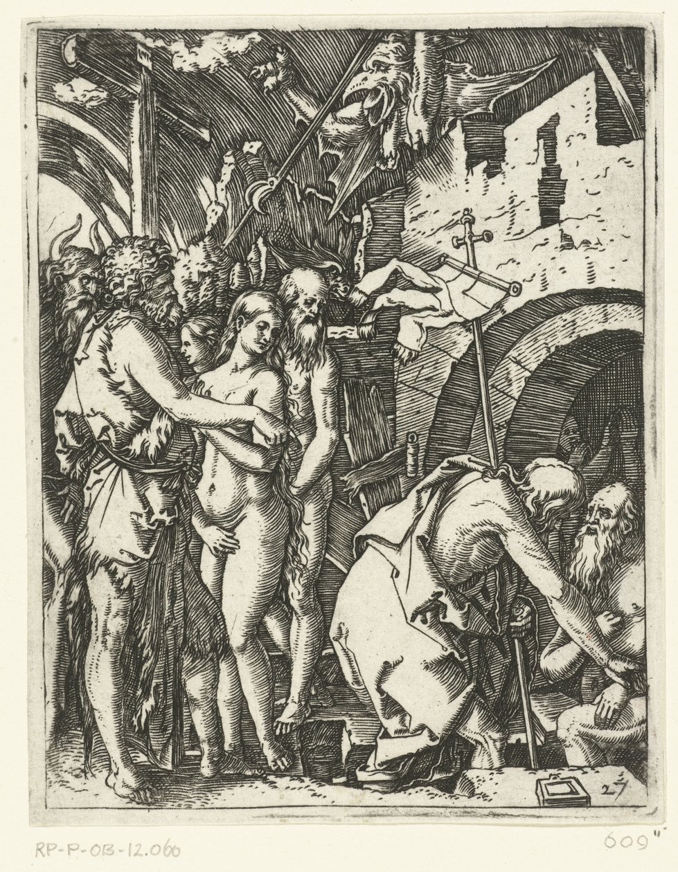 Cristo sale del infierno y libera a los patriarcas y profetas y a otros
Pasión de Cristo (título de la serie) de Marcantonio Raimondi