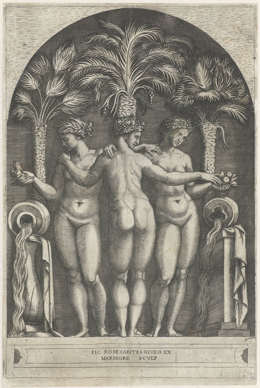 Tres Gracias de pie en un nicho frente a tres palmeras y flanqueadas por cántaros de los que brota agua. de Marcantonio Raimondi
