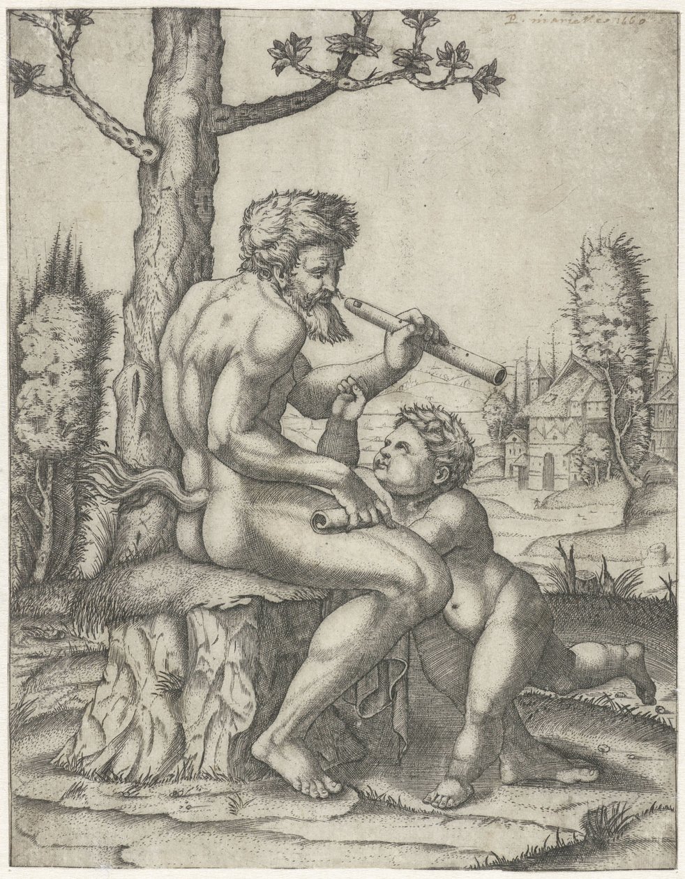 Fauno con flauta juega con niño de Marcantonio Raimondi