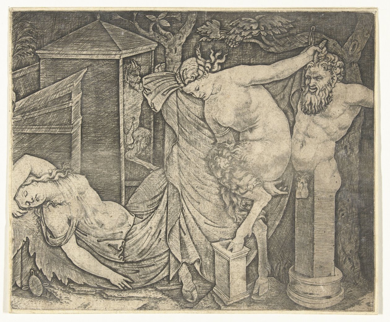 Fragmento de Bacanal con Mujer Sátiro y Herme y Bacante Durmiente de Marcantonio Raimondi