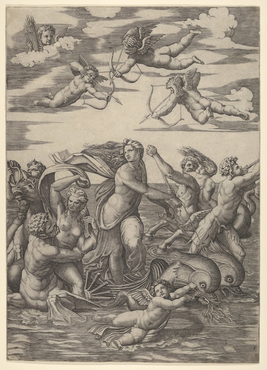 Galatea en un carro de agua tirado por dos delfines de Marcantonio Raimondi