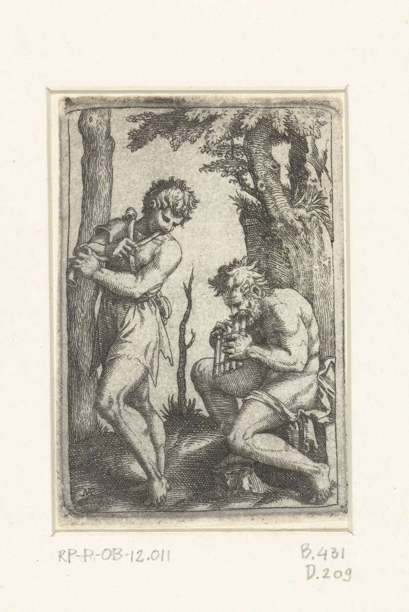 Pastor joven con chirimía y pastor viejo con flauta de pan de Marcantonio Raimondi