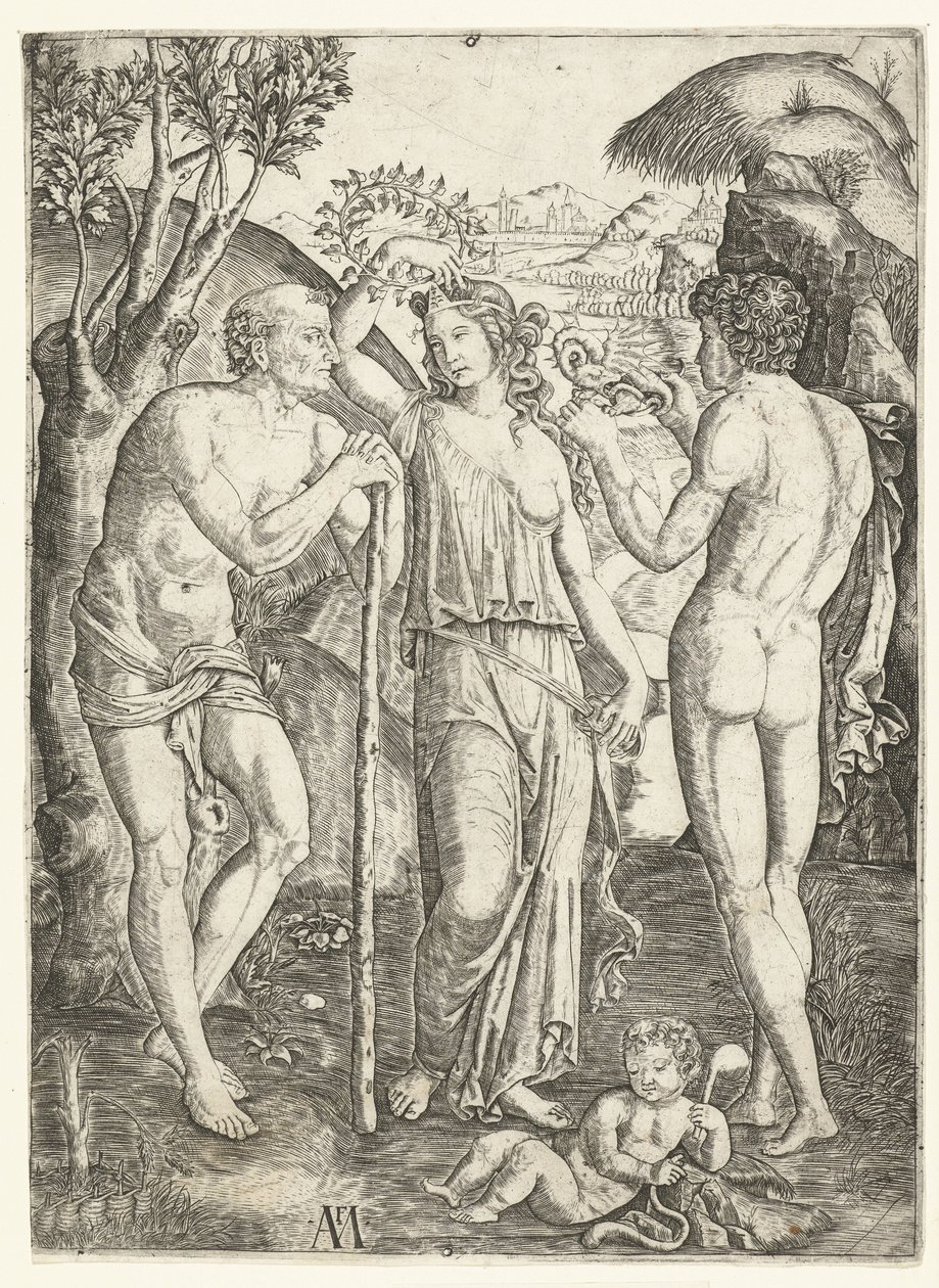 mujer joven, con, corona, de, hojas, posición, entre, anciano, reclinado, palo, y, joven, con, dragón, y, niño de Marcantonio Raimondi