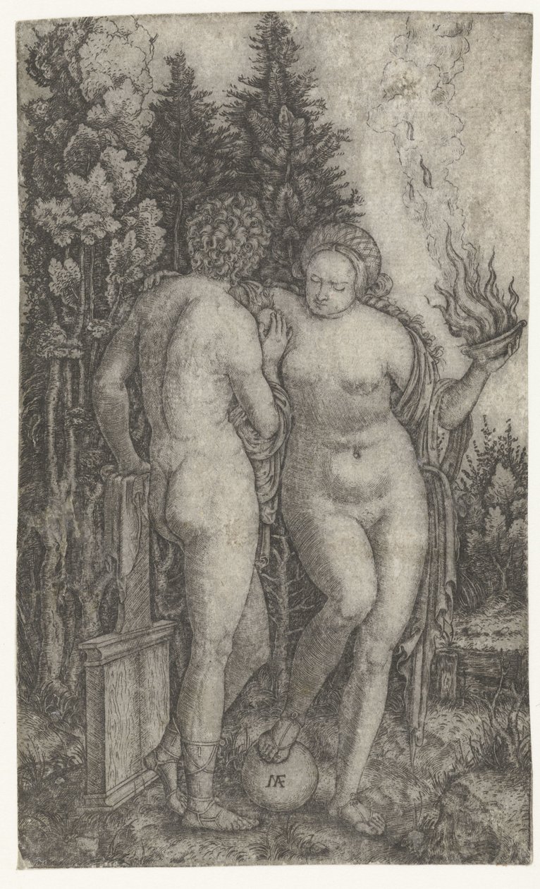 Joven protegido por mujer con globo terráqueo y cuenco de ofrendas como personificación de la Fortuna (Fortuna) de Marcantonio Raimondi