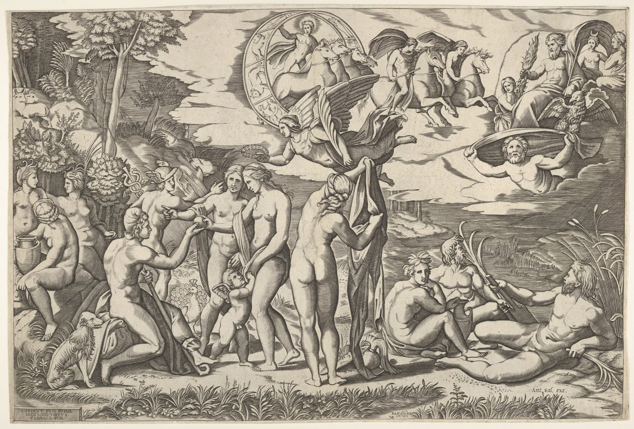 Juicio de Paris: Paris extiende su mano hacia Venus, quien está entre Juno y... de Marcantonio Raimondi
