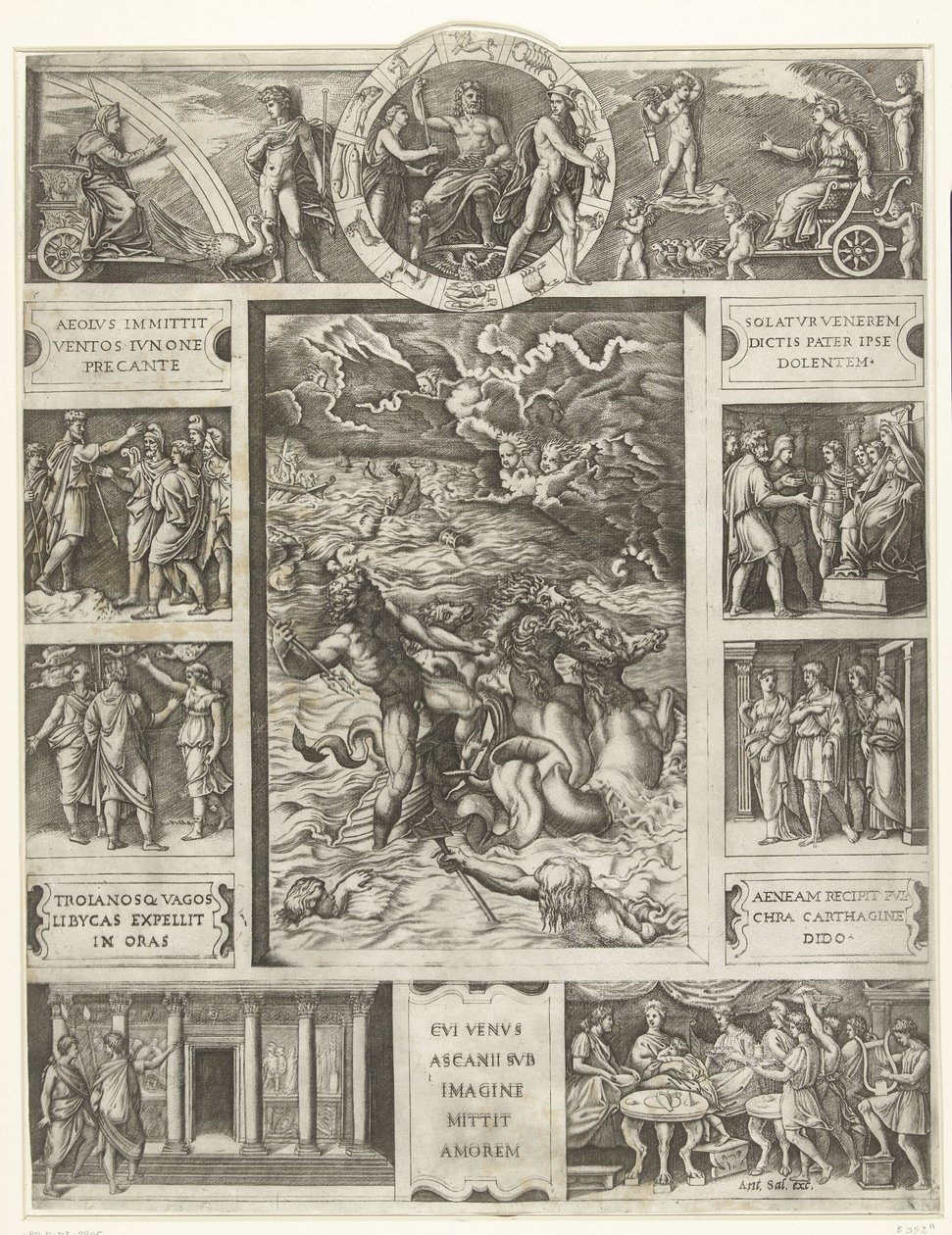Júpiter calma la tormenta en el mar en marco rectangular con nueve escenas de la épica Eneida de Marcantonio Raimondi