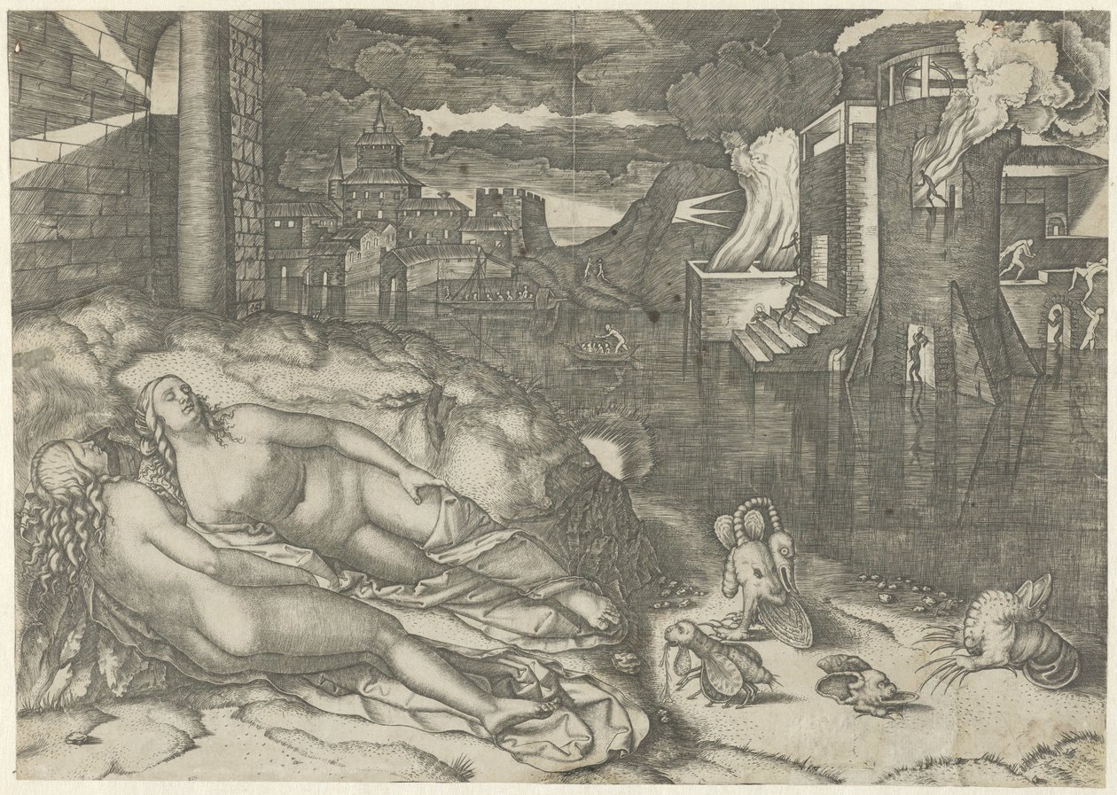 Paisaje con dos mujeres dormidas desnudas y animales de fantasía en un banco cerca del agua con un edificio en llamas sueño de rafael de Marcantonio Raimondi