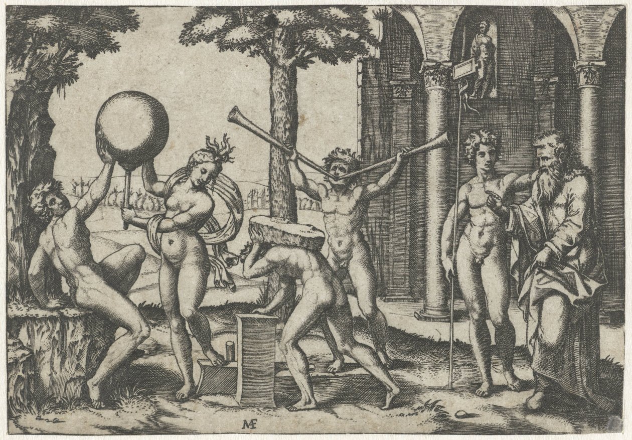 Hombre con dos trompetas y hombre con piedra en la espalda flanqueados por hombre y mujer con globo terráqueo y anciano y joven de Marcantonio Raimondi