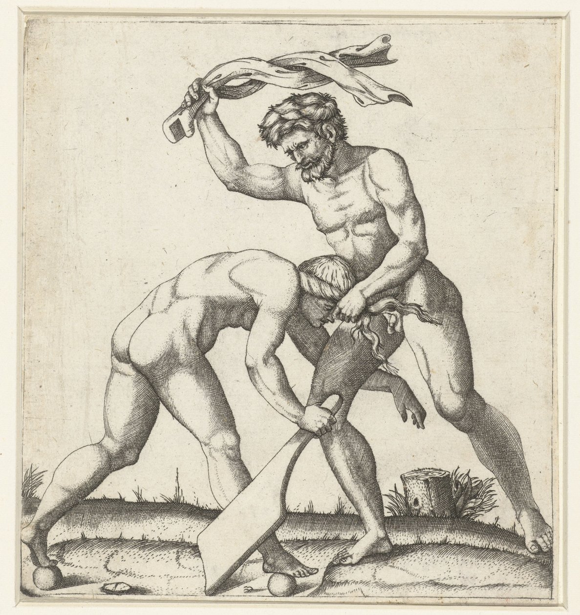 Hombre peleando contra mujer como personificación de la Fortuna (Fortuna) de Marcantonio Raimondi