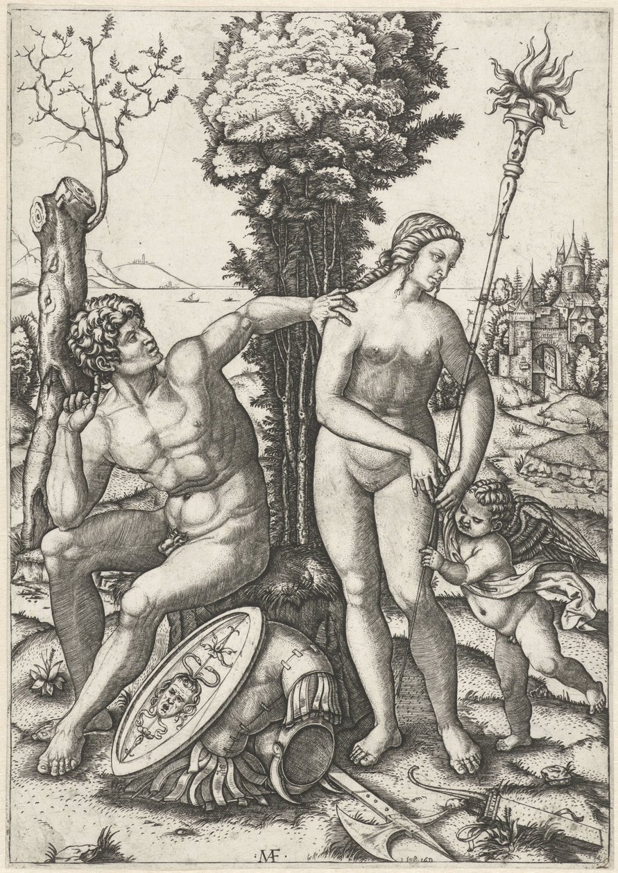 Marte y Venus como pareja amorosa con Amor de Marcantonio Raimondi