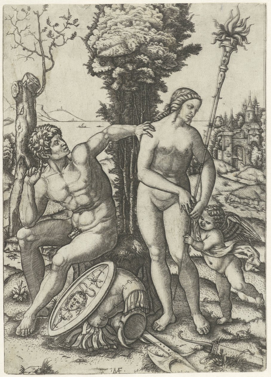 Marte y Venus como pareja amorosa con Amor de Marcantonio Raimondi