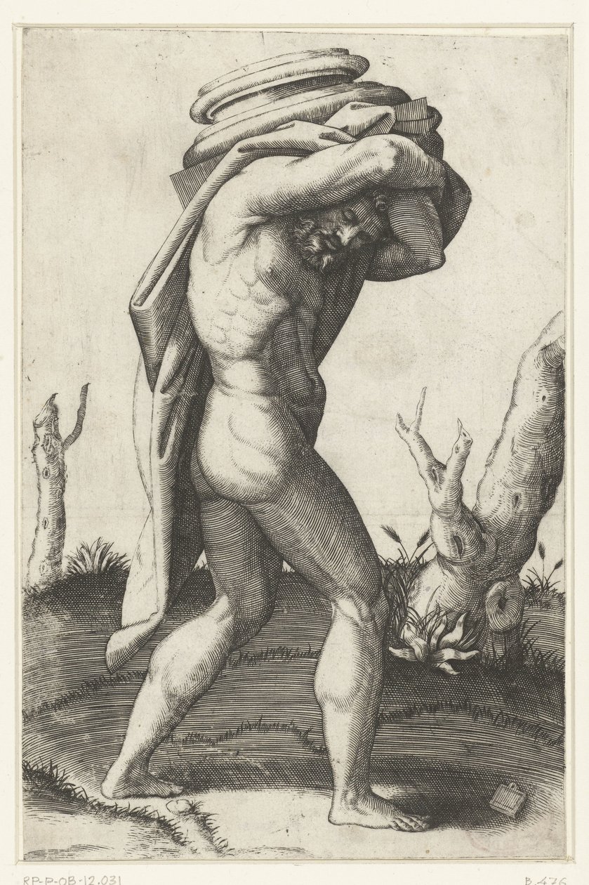 Un hombre desnudo lleva la base de la columna a la espalda de Marcantonio Raimondi