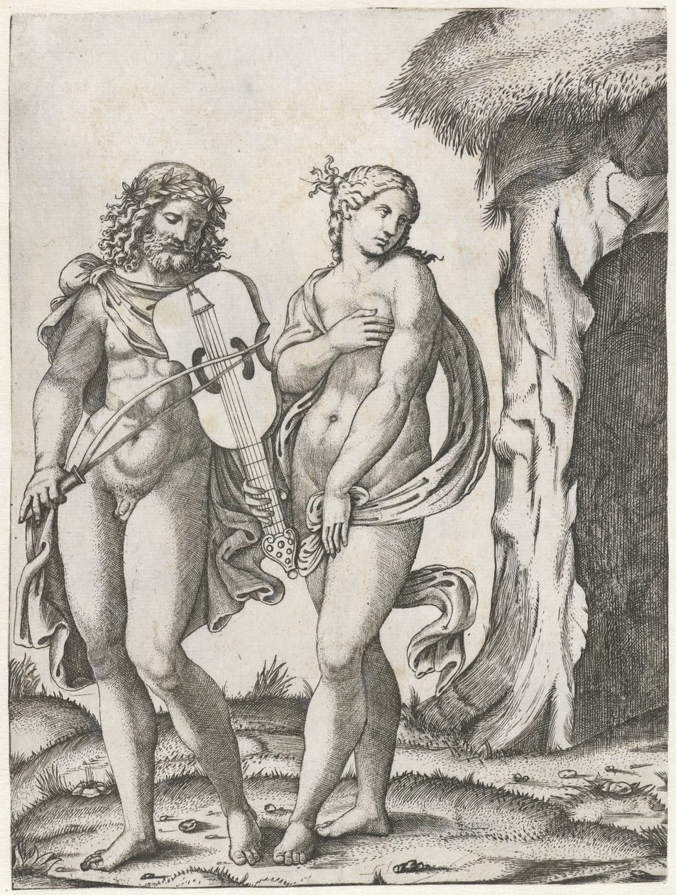 Orfeo toca la viola antes de que Eurídice vaya al inframundo de Marcantonio Raimondi