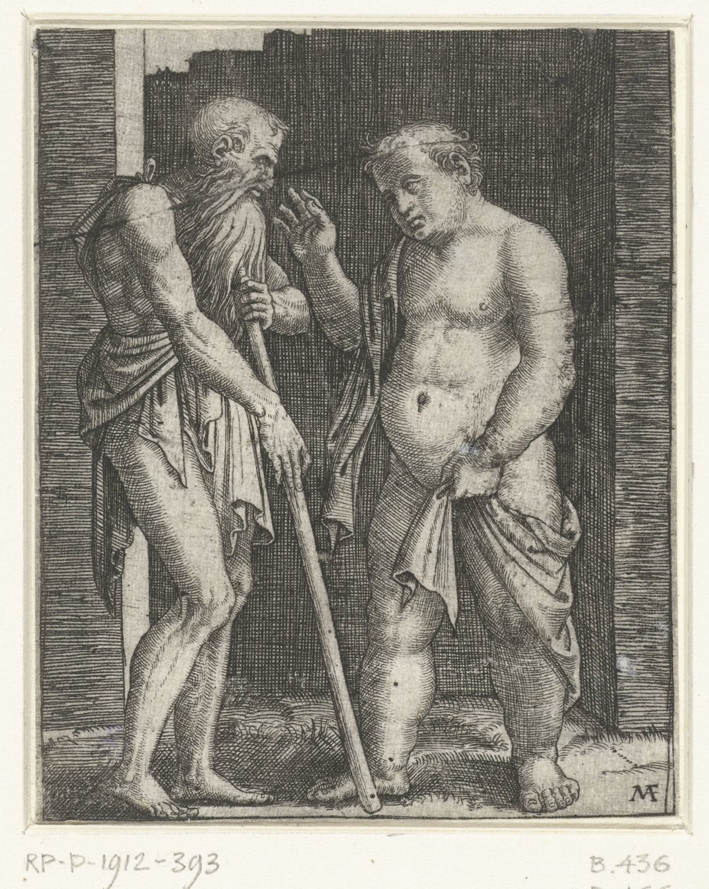 Viejo apoyado en palo y gesticulando joven gordo de Marcantonio Raimondi