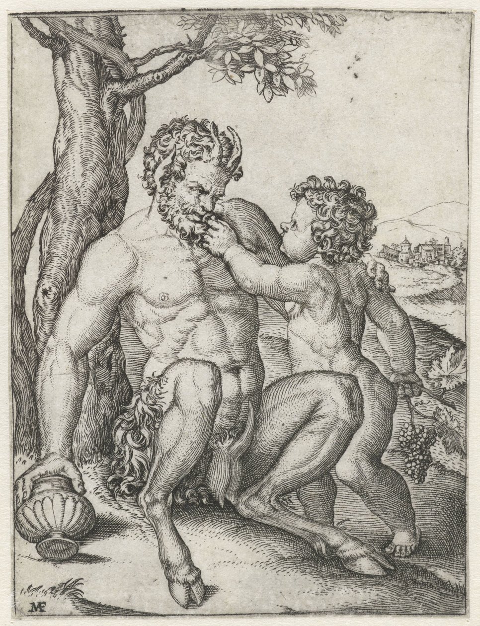Pan con copa y Baco de niño con uva de Marcantonio Raimondi