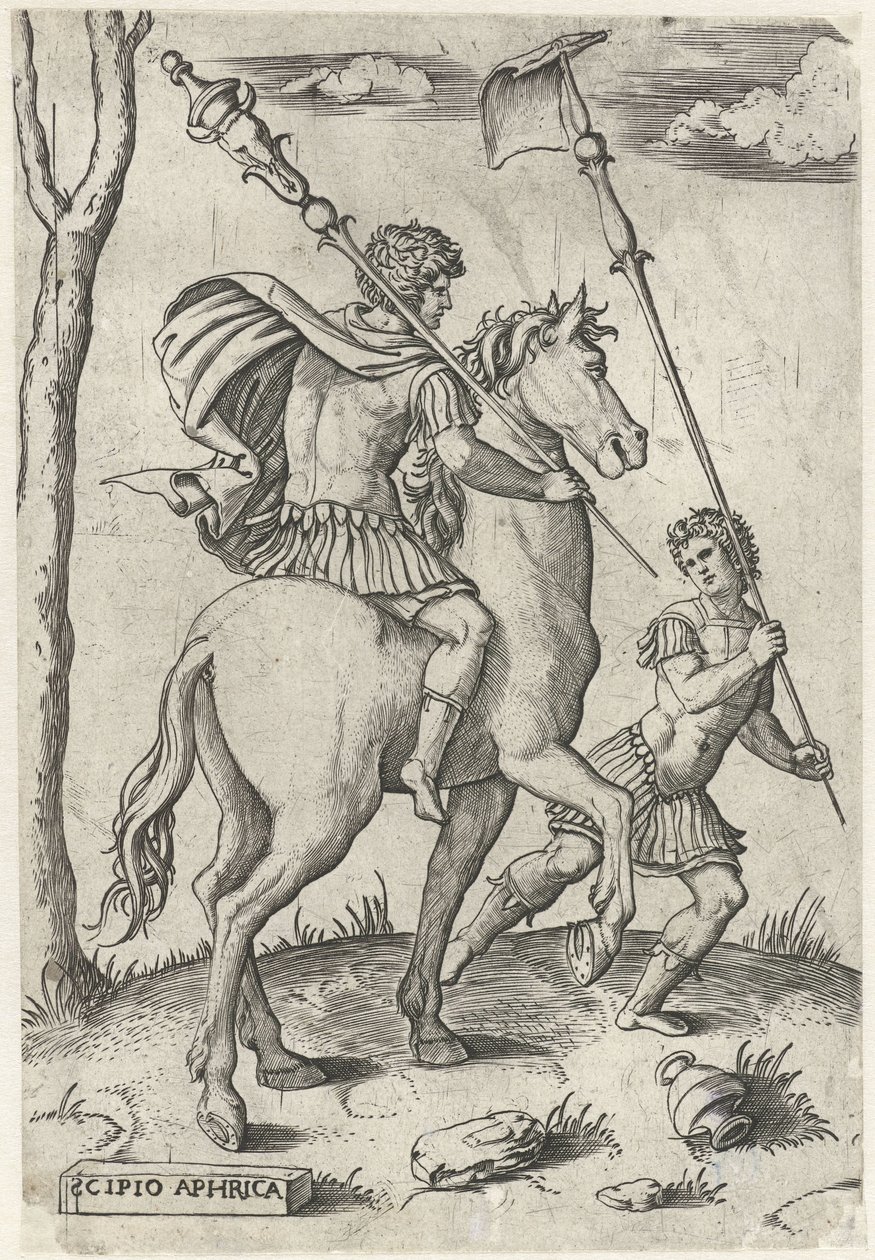 Los generales romanos Scipio Africanus Maior a caballo y Scipio Africanus Minor Héroes romanos a caballo (título de la serie) de Marcantonio Raimondi