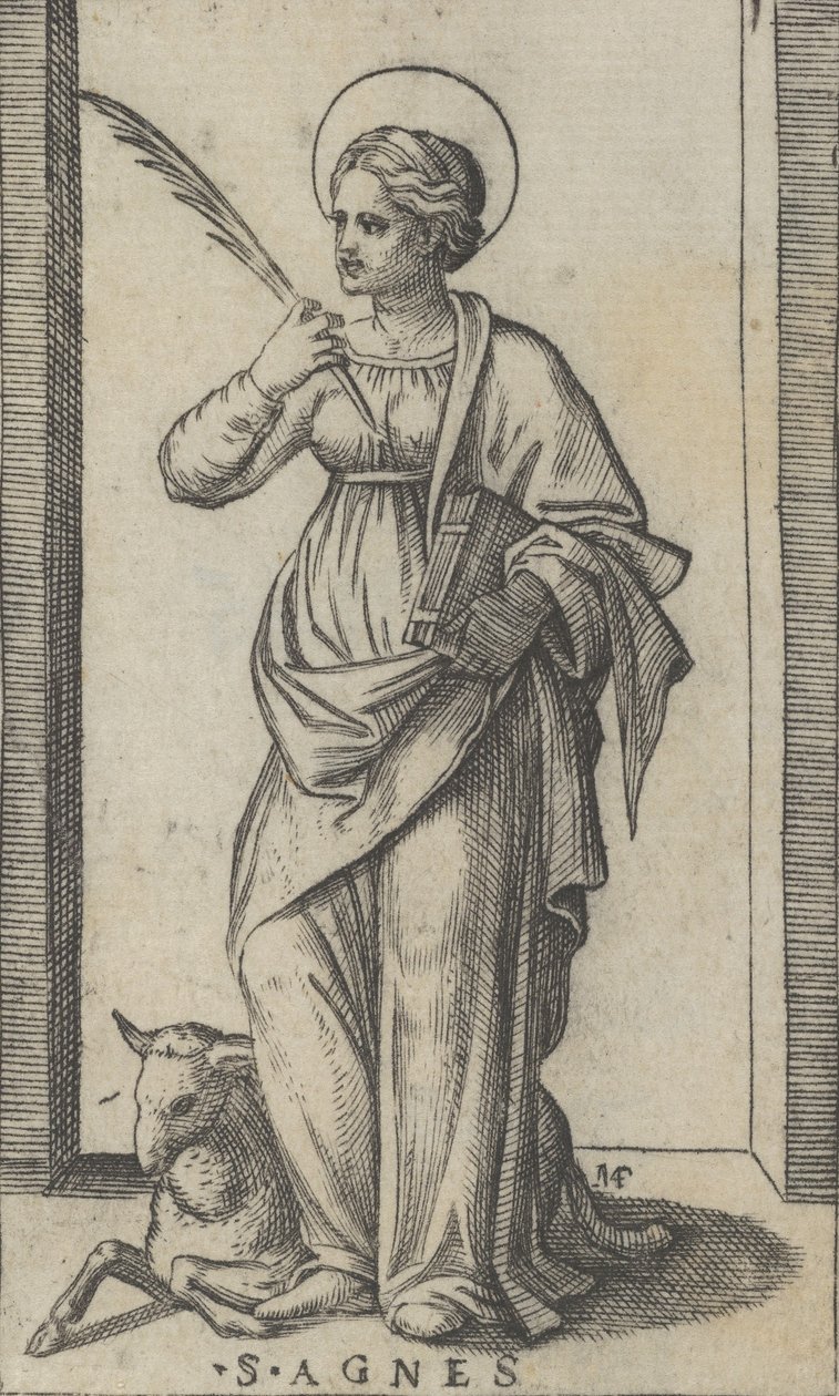 Santa Inés de pie sosteniendo una palma en su mano derecha, una oveja abajo a la izquierda, ca. 1500-1527 de Marcantonio Raimondi