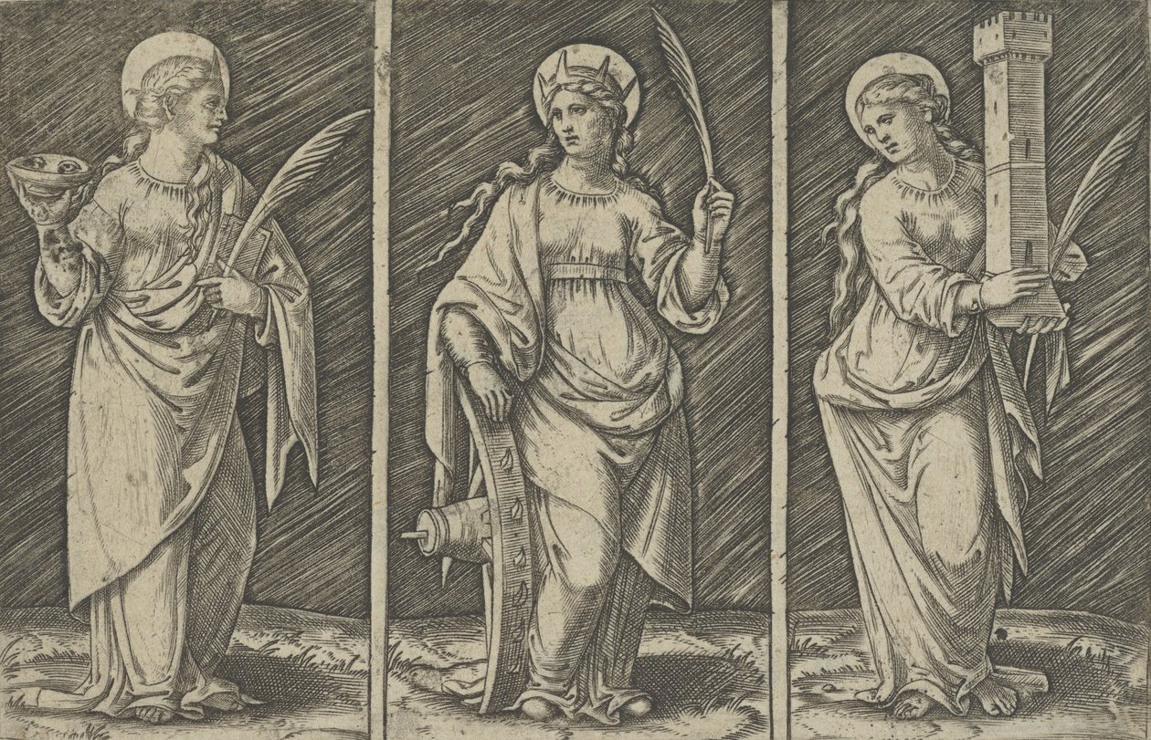 Santa Bárbara izquierda, Santa Catalina centro, Santa Lucía derecha, ca. 1500-1527 de Marcantonio Raimondi