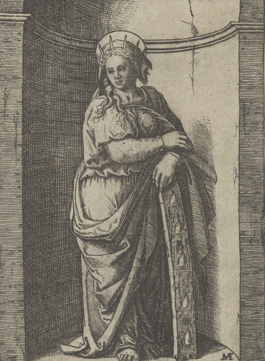 Santa Catalina de pie en un nicho, apoyada en una rueda, su instrumento de tortura de Marcantonio Raimondi
